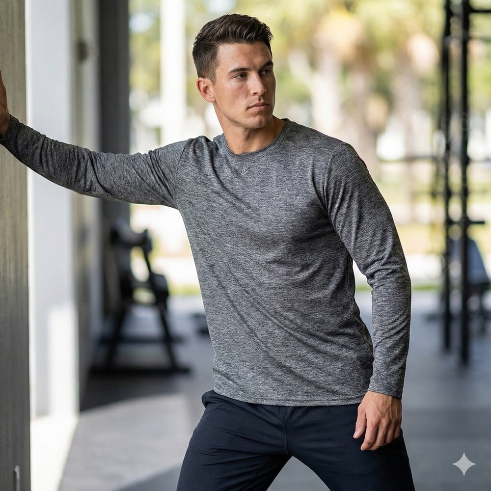 Roober Men's Long Sleeve Activewear Shirt Grey Heather Crew Neck Size L